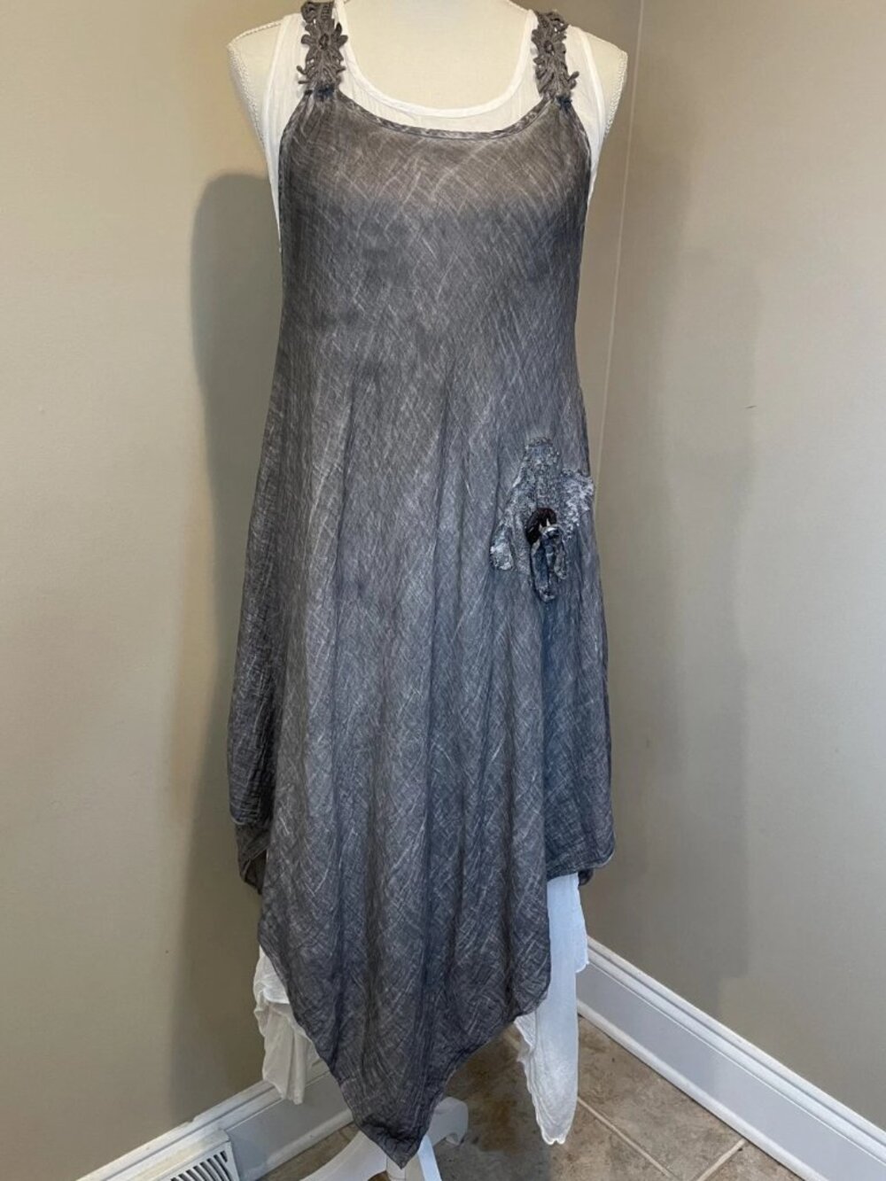 Zury Boho Layered Cotton Gauze Dress Grey White S/M Asymmetrical Handkerchief